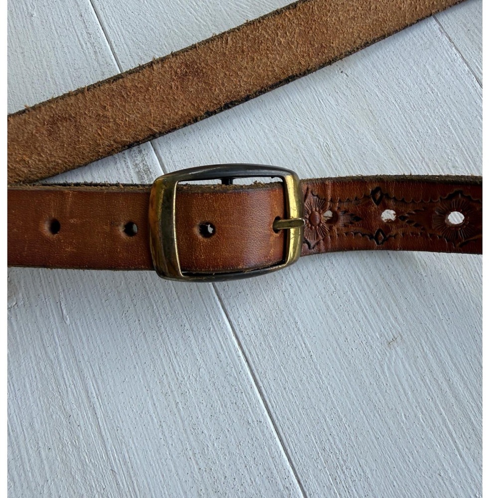 Vintage Hand Tooled Leather Belt Brown Western Floral Stamped Brass Buckle 0011